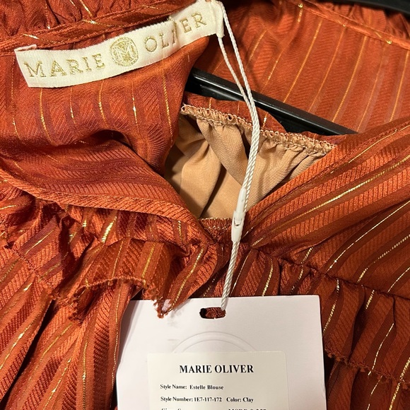 Marie Oliver Estelle Blouse in Clay Metallic Gold Stripes. Silk. Ruffle Accents - Picture 8 of 10